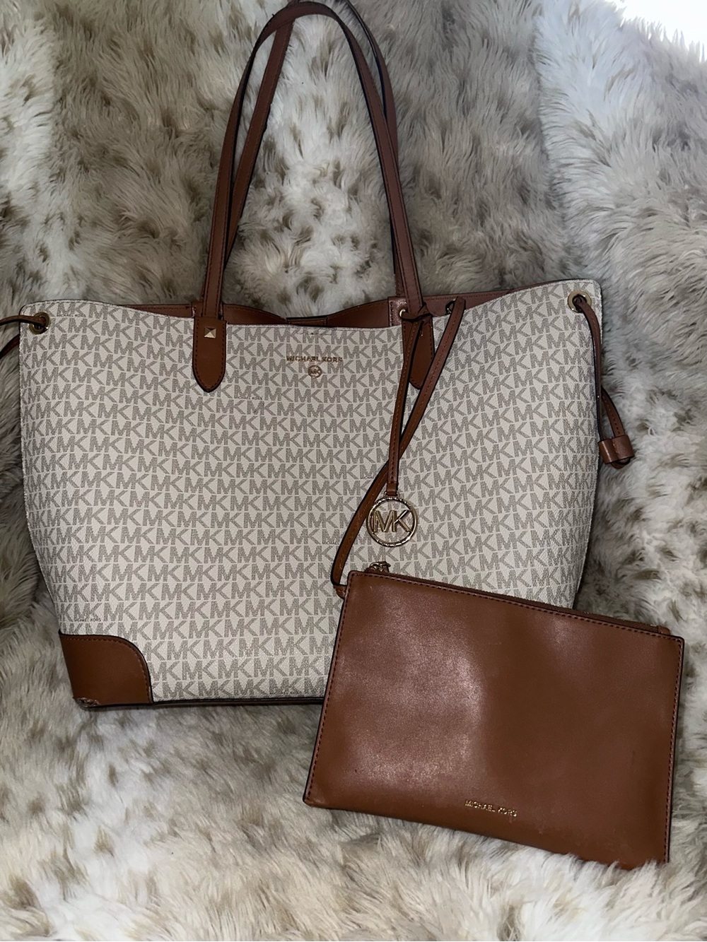 Michael Kors Beige Logo Tote with Brown Leather Trim and Pouch